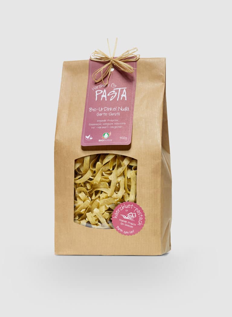 Härzbluet Pasta UrDinkel Nudlä mit Gartechrütli