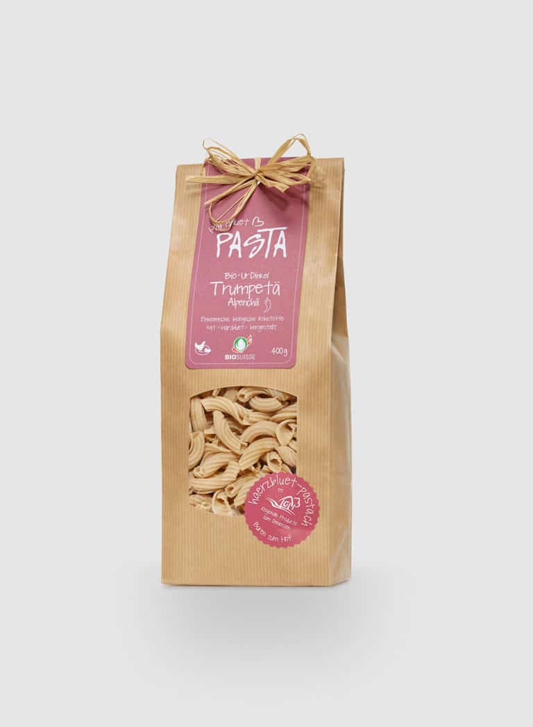 Härzbluet Pasta UrDinkel Trumpetä mit Alpenchili 